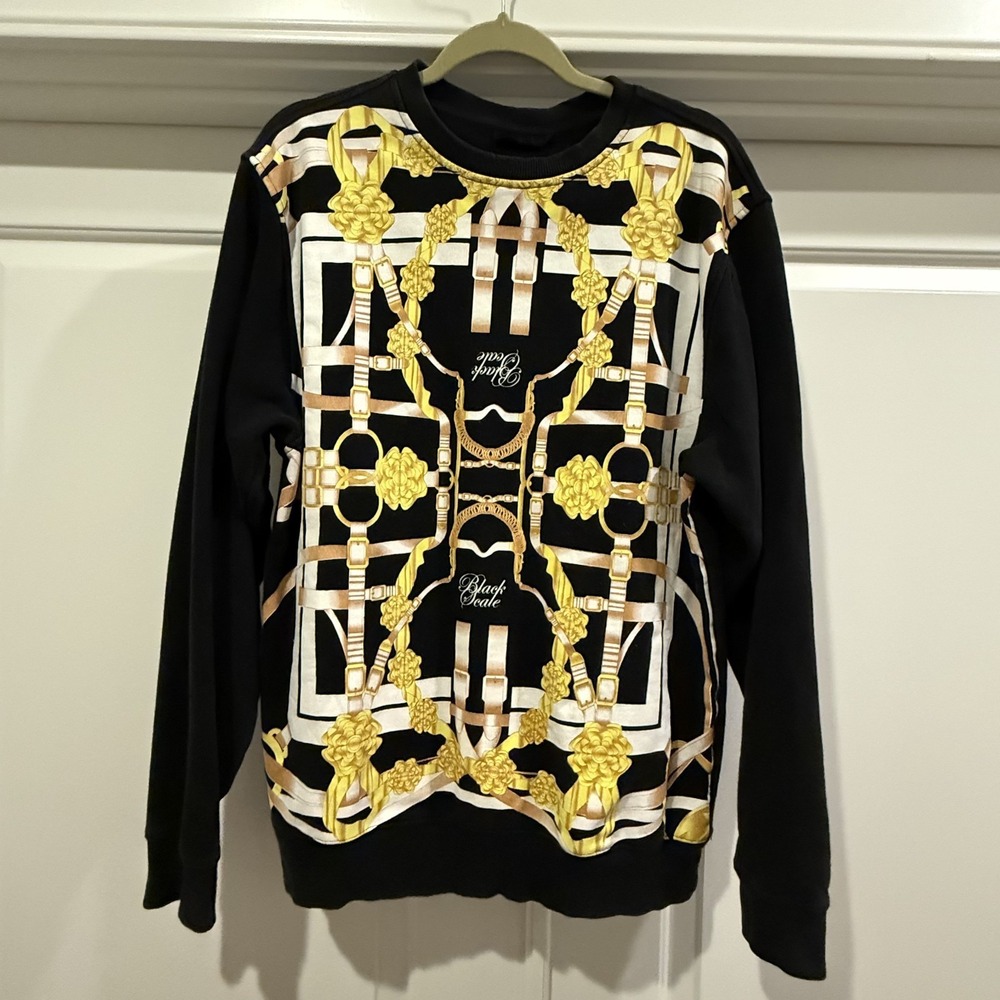 Black‎ Scale Mens Large Crewneck Sweatshirt Vintage 2010s Graphic Scarf Print